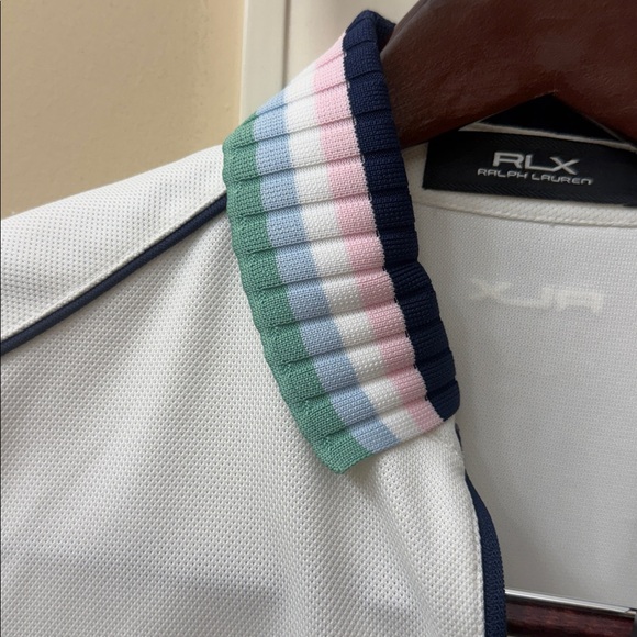 NWT Ralph Lauren White Polo with Navy Trim and Pastel Stripe Collar - Picture 5 of 6